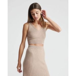 Quince Mongolian Cashmere Cropped Tank Small Heather Oatmeal New